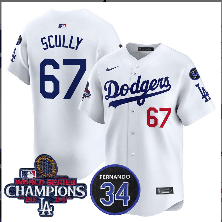 Men MLB Los Angeles Dodgers #67 Scully white 2024 World Series Champions Patch Limited Jersey